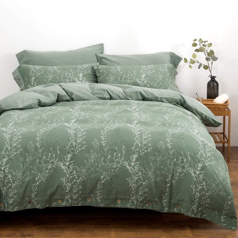 OREISE Duvet Cover Set King Size Washed Cotton Yarn, Jacquard Green and White Thin Branch Pattern Floral Style 3Piece Bedding Set - Image 2